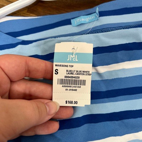 Top donna J Mclaughlin Wavesong piccolo nuovo con etichette $168 tessuto Catalina blu righe scoop - Foto 4 di 6