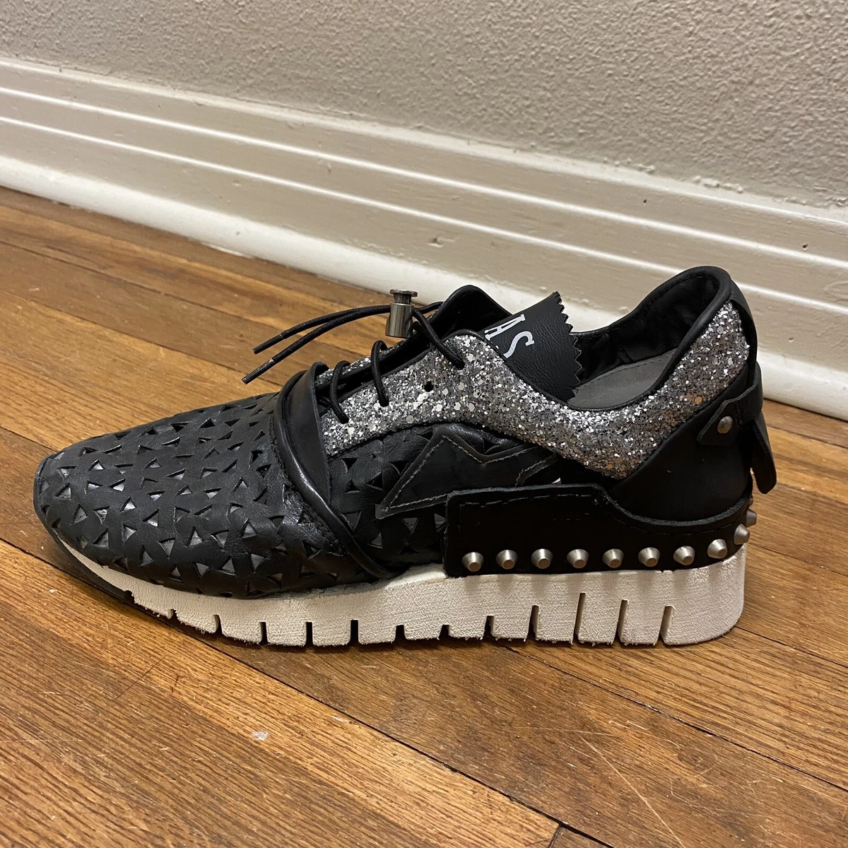 NEW A.S.98 DEON SNEAKER BLACK LEATHER GLITTER FREE PEOPLE Size 39 MSRP 349