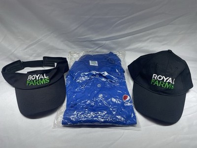 Royal Farms Shirt 3 Button Collar Mens Medium Blue Pepsi Visor Baseball Cap New