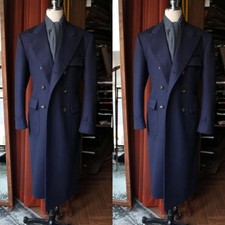 Wool Men's Overcoats Wide Peak Lapel Coats Double Breasted Outdoor Long Coats