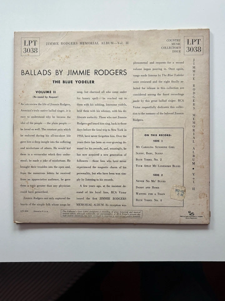 Jimmie Rodgers 10” Yodelingly Yours RCA ORIG - Image 2 of 2