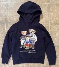 Kids Ralph Lauren Polo Bear Holiday Pullover Fleece Hoodie Navy Blue Size 5