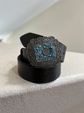 Made In India black Tooled Leather stones on Buckle Western Boho Belt Unisex L