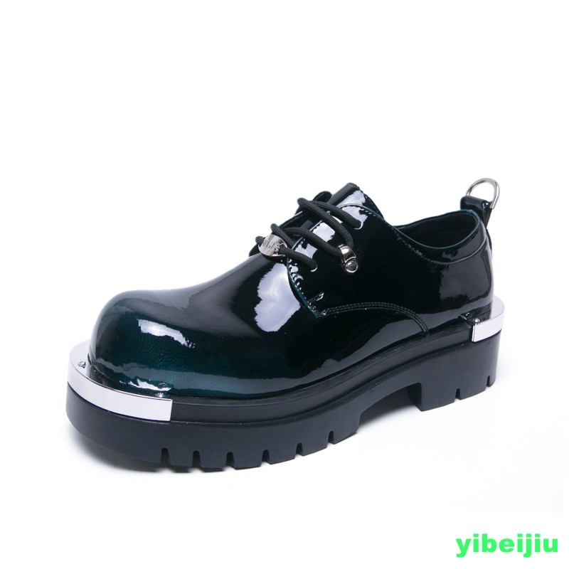 Men's Glossy Shiny Leather Derby Shoes Platform Metal Big Round