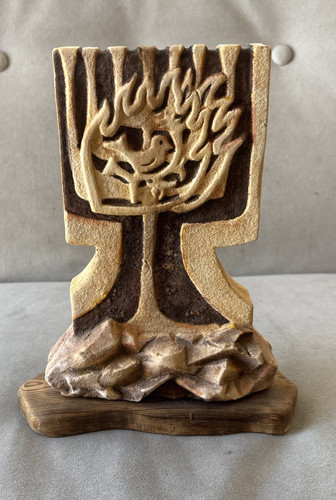 Vintage Cared Stone Menorah with Dove on Wood Base signed H Green Rare 9"