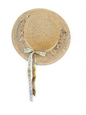Vintage 1970s Straw Sun Hat Floral Ribbon Tie Boho Cottagecore