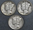 1944-PDS 10C MERCURY SILVER DIME 3 Coins KM# 140 Grade:  VF+ A6651