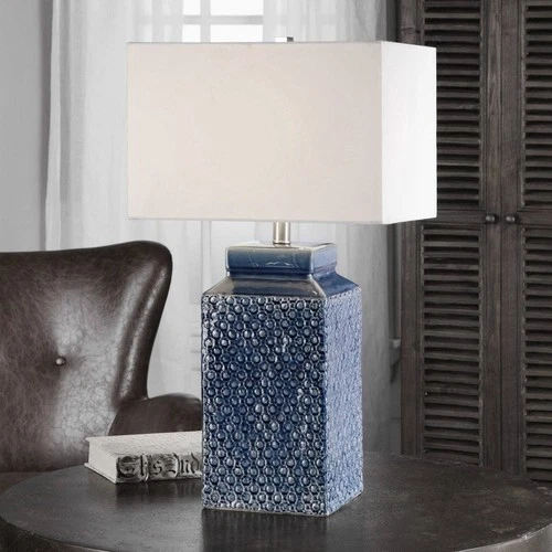 UTTERMOST 27229-1 PERO SAPPHIRE BLUE GLAZE TEXTURED CERAMIC TABLE LAMP - Picture 1 of 4