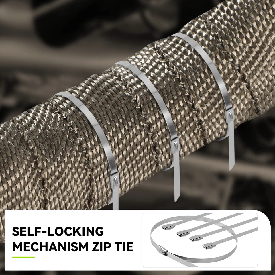 Cabezal de escape de fibra de vidrio de titanio de 2" de 50 pies envoltura térmica y lazos de acero inoxidable de 10 piezas Foto 4 de 4