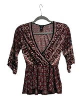 Rue 21 Womens Y2K Babydoll Peplum Top Romantic Grunge Paisley Dark Red Sheer XS