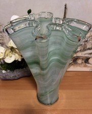 Vintage Murano Lavorazione Arte Large GreenWhite Swirl Art Glass Vase 15  Tall.