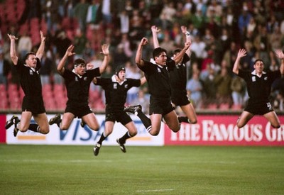 The New Zealand team perform their traditional haka before a Rugby- Old Photo