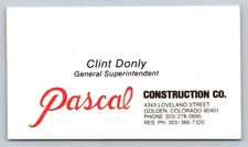Vintage Business Card Pascal Construction Company Clint Donly Golden Colorado 