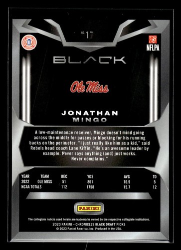 2023 Panini Chronicles Draft Picks #17 Jonathan Mingo 76/99 Black Blue Ole Miss - Picture 2 of 2