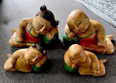 Vintage geschnitztes Holz schlafende Kinder chinesisch orientalisch asiatisch Dekor Junge Mädchen Paar