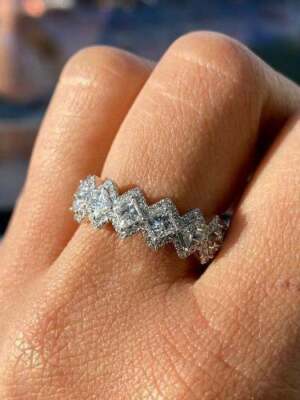 Princess VVS1/D Lab Created Diamond 14K White Gold Finish Eternity Halo Ring B&