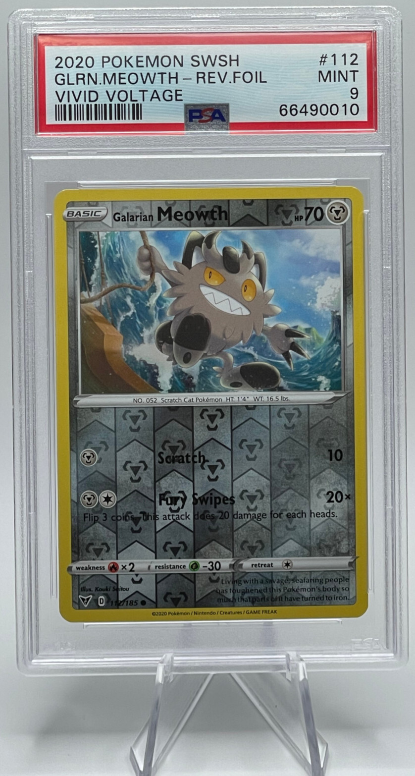 2020 POKEMON SWORD & SHIELD VIVID VOLTAGE #112 GALARIAN MEOWTH-REVERSE PSA 9 MT