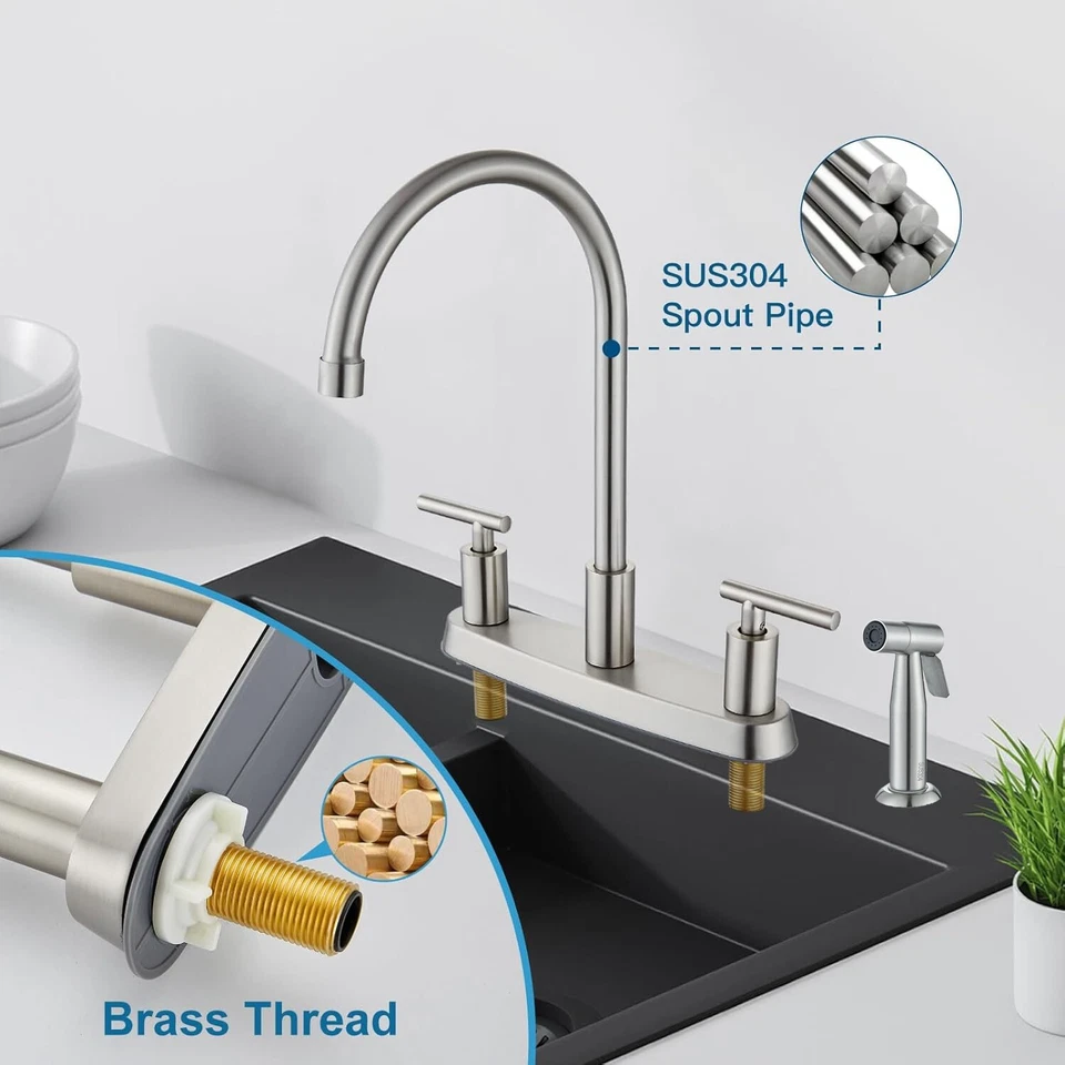 Brushed Nickel Kitchen Sink Faucet with Side Sprayer 2 Handles 3 Holes Mixer Tap - Image 2 of 4