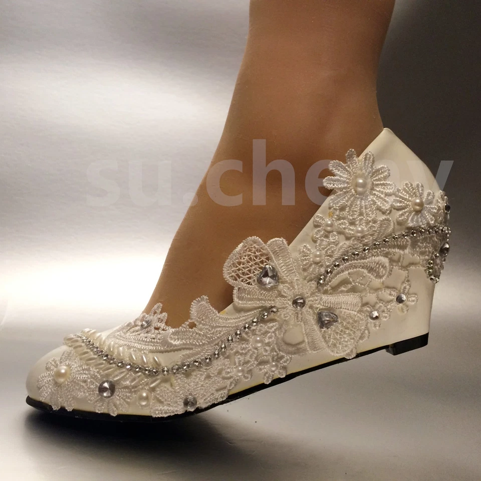 su.cheny 2” wedges Lace white ivory bow pearls rhinestone Wedding Bridal shoes - Image 2 of 4