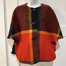 Vintage Country Place Wool Plaid Cape Poncho Coat Medium Red Green Orange Black