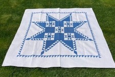 VTG 1930 quilt French Blue Lone Star / Texas Star 9 patch hand stitched 69