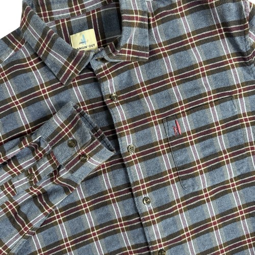 Johnnie-O Hangin' Out Flannel Shirt Men's L Blue Brown Maroon Plaid Button Down