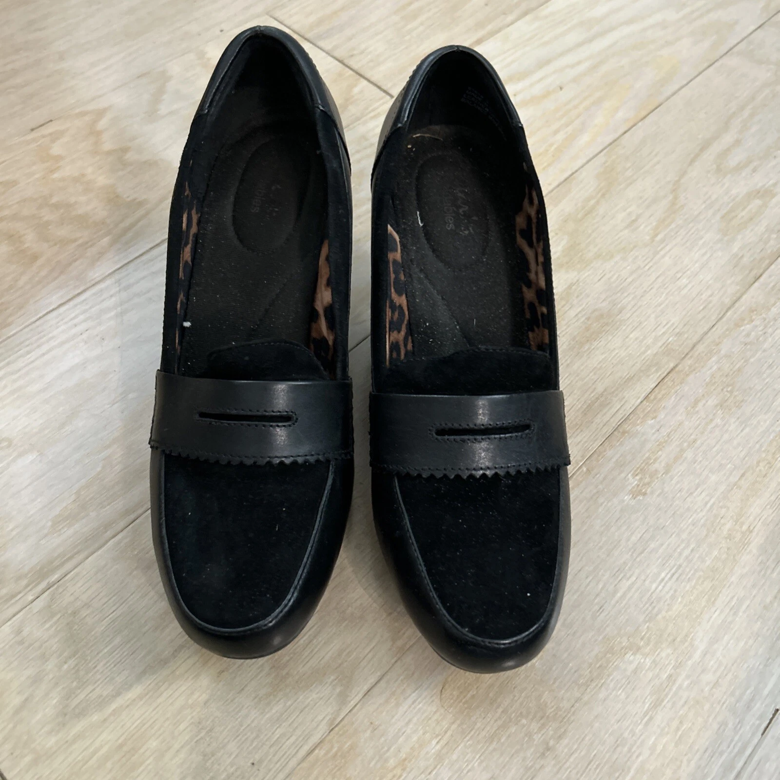 Mocassini Clarks Bendables donna 9 5 M in pelle nera décolleté con tacco