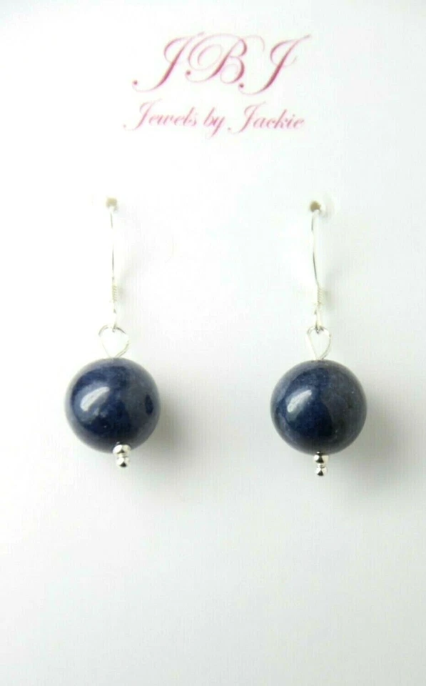 Pendientes de plata de ley 925 con bola de 10 mm de piedras preciosas naturales azul zafiro de 1 1/4" Foto 4 de 4