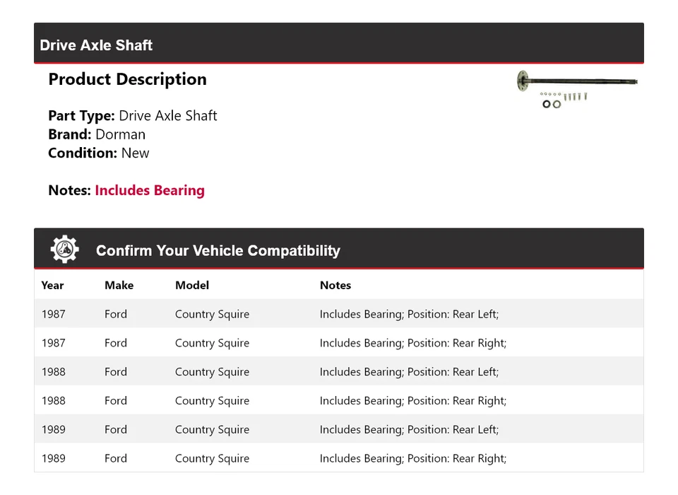 Eje de transmisión para Ford Country Squire Dorman 1987-1989 1988 Foto 2 de 4