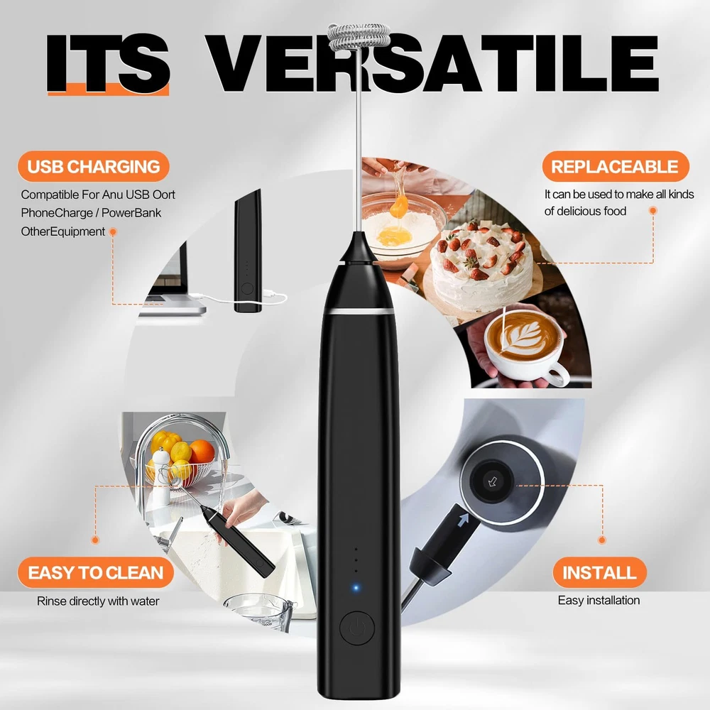 Milk Frother Rechargeable Handheld Electric Whisk Coffee Frother Mixer with 2...