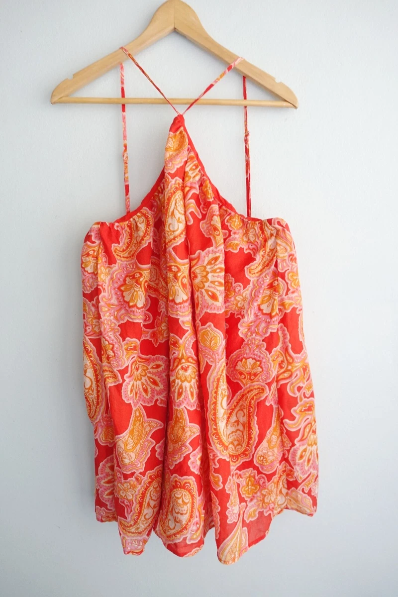 AERE Top Womens size 12 Red Orange Paisley Flowy Swing Ramie Coastal Resort Boho