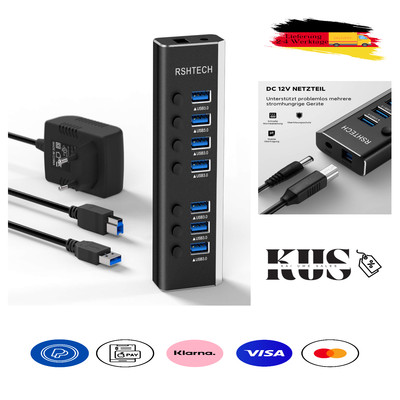 RSHTECH Aluminium 24W USB Hub 3.0 mit 12V/2A Netzteil und 7-Port USB 3.0 Vert...