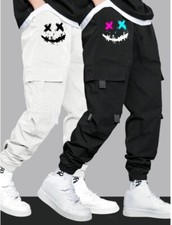 SHEIN 2pcs Teen Boys' Smiling Face Print Pocket Workwear Jogger Pants - Size 13