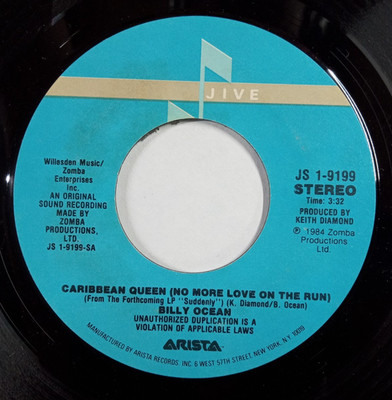 BILLY OCEAN: Caribbean Queen / Caribbean Queen Instrumental JIVE RECORDS 45 RPM
