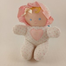 Vintage Eden Plush Baby Doll Heart Terry Cloth White Pink Polka Dots Rattle 8"