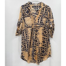 Dolma Women's Tan Blue Scroll Print Button Up Shirt Dress Tunic Midi M