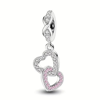 Interlocking Heart Dangle Charm Sterling Silver S925 Hallmarked