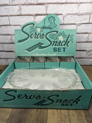 Serva Snack Set Anchor Hocking Glass  Grapes Crystal 4 Serving Trays & Cups Vtg