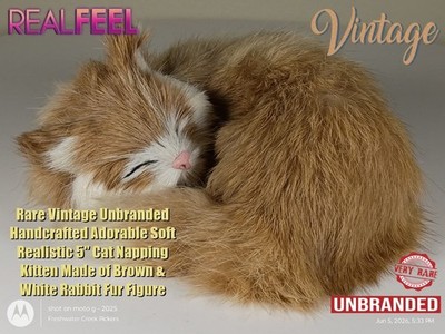 Vintage Handcrafted Adorable Soft Rabbit Fur Realistic 5'' Cat Napping Kitten