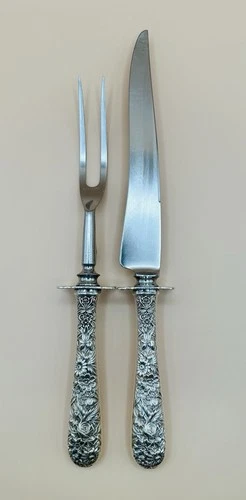 Sterling Silver Steak Carving Set "Repousse" S. Kirk with Bolster Grandmothers