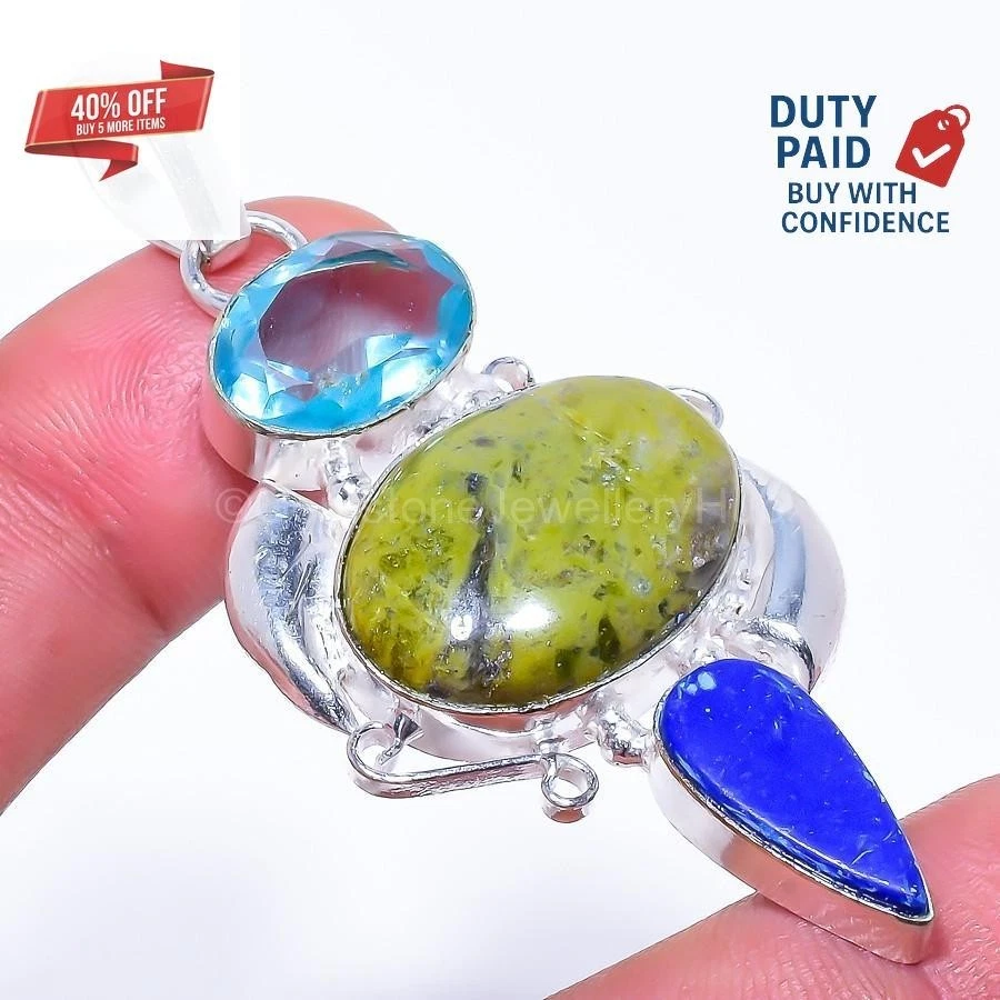 Oferta de Navidad Colgante Topacio Azul Serpentino Genuino Chapado en Plata de Ley 925 Foto 3 de 4