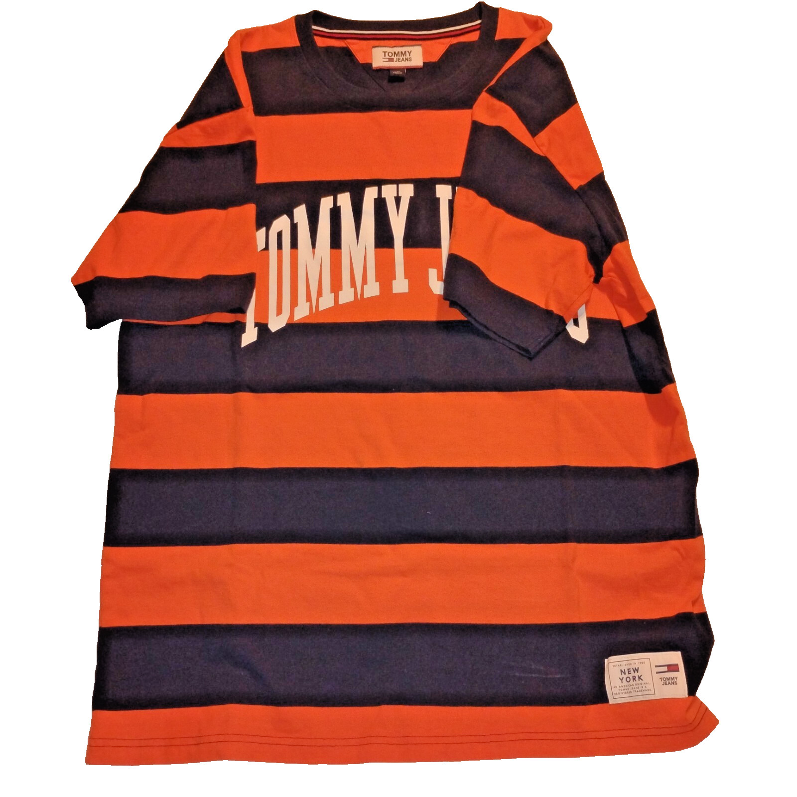 Tommy Jeans Men’s Striped Orange & Navy Cotton T-Shirt – Size L Vintage