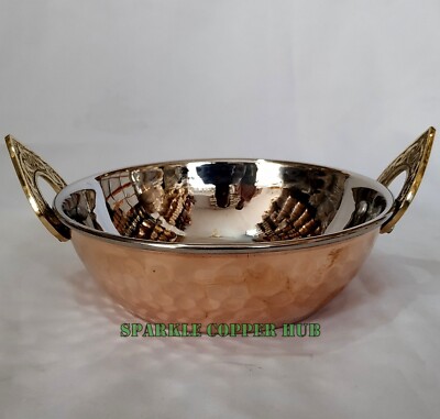 Copper and Stainless Steel Dinnerware Brass Handle Serving Wok Kadai Bowl 400 ML