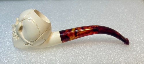Pipa da fumo teschio Meerschaum con custodia - stelo intagliato a mano, color tartaruga - Foto 6 di 12
