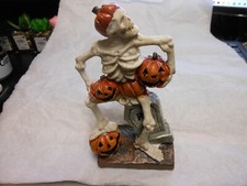 Halloween Skeleton Sitting On Grave Tombstone RIP Holding Pumpkins 7"H NEW Table