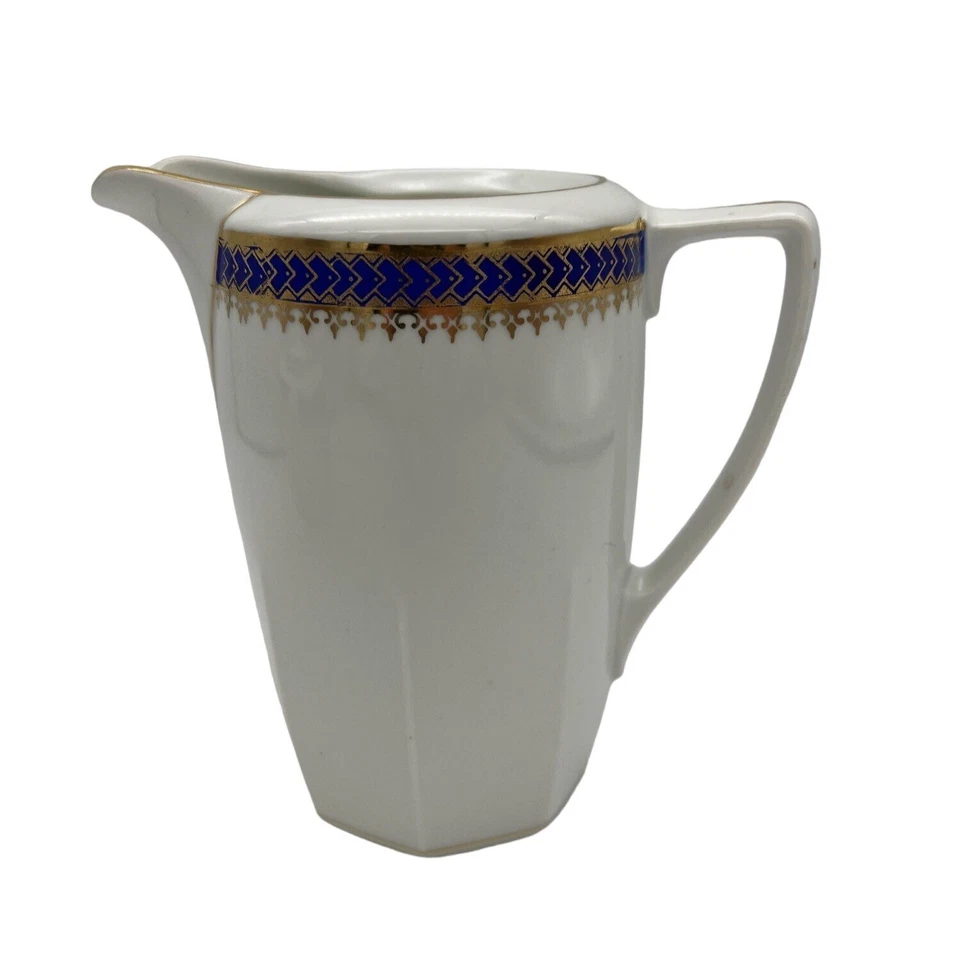 Azúcarero vintage con tapa y crema Checoslovaquia 175G patrón azul y dorado Foto 2 de 4