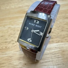 Nine West Quartz Watch Women Silver Black Rectangle Leather Band New Battery