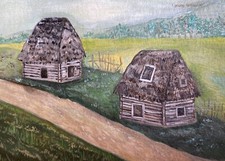 ORIGINAL ACEO ATC ROMANIA VILLAGE HUT APUSENI LANDSCAPE PAINTING OOAK ART LYOUNG