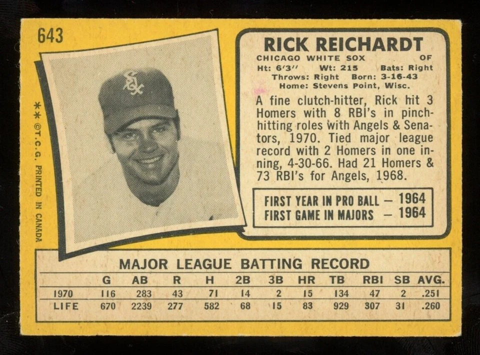 1971 TOPPS OPC O PEE CHEE BASEBALL #643 Rick Reichardt EX+ Chicago White Sox - Image 2 of 2