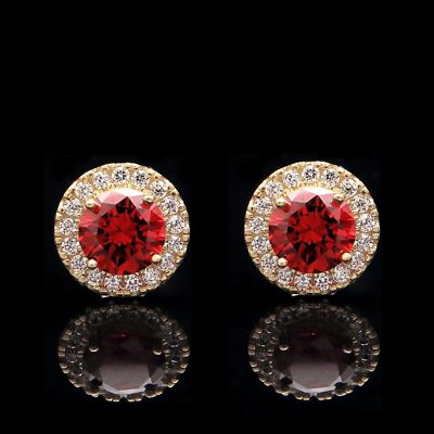 2CT Halo Garnet Red Simulated Diamond Earrings 14k Yellow Gold Round Cut Studs